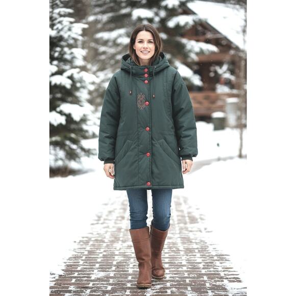 British Mist Hood Puffer Winter Coat M Green Embroidered Grannycore Cottage Gorp - Picture 2 of 16